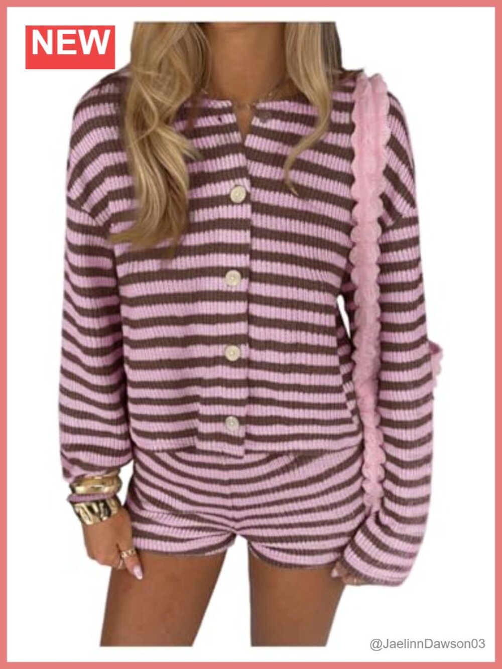 Women's Striped Knit Cardigan and Shorts 2 Piece Set